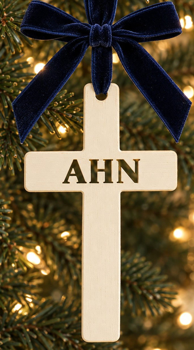 Ornament Wooden Cross - Navy Velvet Ribbon
